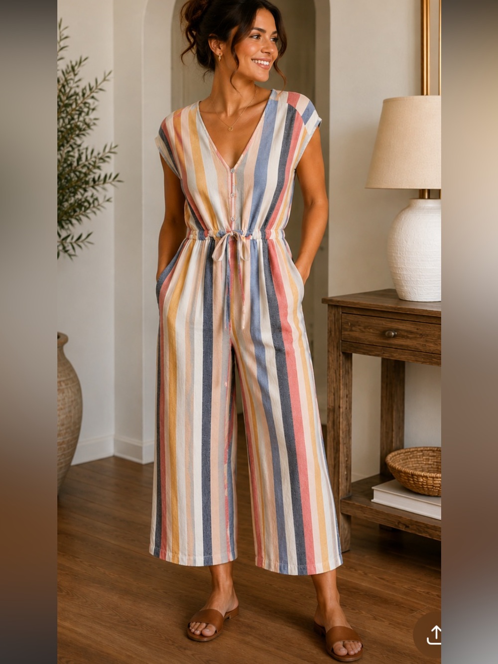 Cloth & Stone Striped Linen Blend Wide Leg Jumpsuit Cropped Boho Coastal | Small
